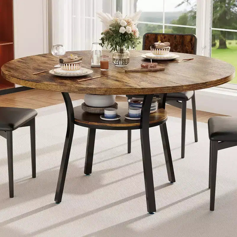 47'' Round Dining Table for 4-6, Wood Kitchen Table with Storage Shelf, Modern Circular Dinner Table, Breakfast Table for Living Room,No Chair