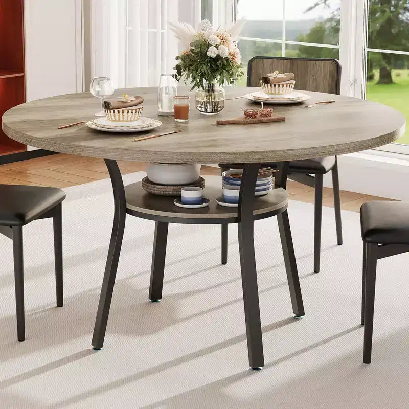 47'' Round Dining Table for 4-6, Wood Kitchen Table with Storage Shelf, Modern Circular Dinner Table, Breakfast Table for Living Room,No Chair