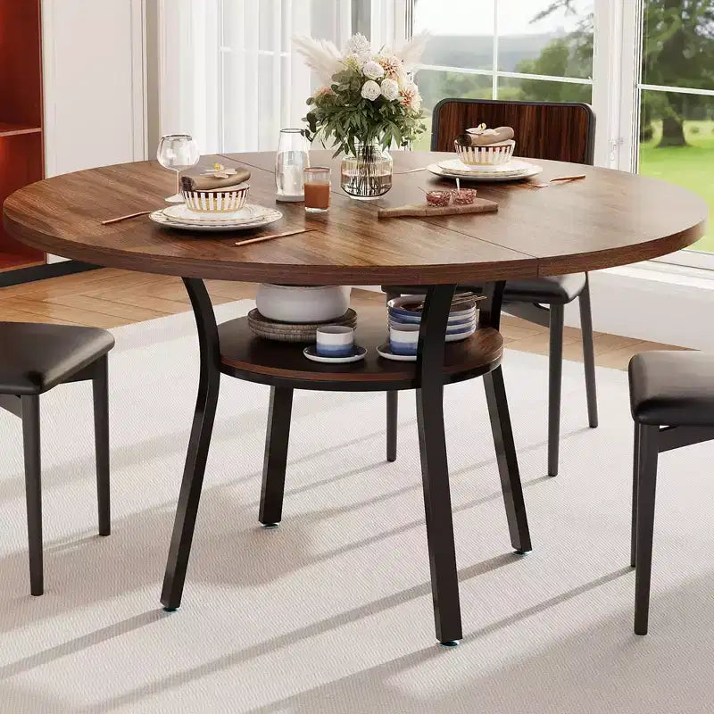 47'' Round Dining Table for 4-6, Wood Kitchen Table with Storage Shelf, Modern Circular Dinner Table, Breakfast Table for Living Room,No Chair
