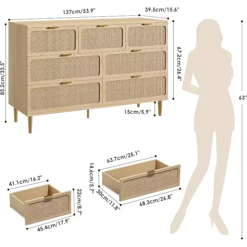 7-Drawer Rattan Dresser - Tall Wooden Chest with Deep Drawers & Wide Top for Bedroom, Living Room, Hallway or Closet
