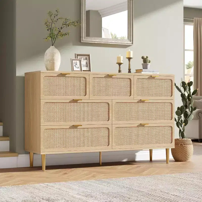 7-Drawer Rattan Dresser - Tall Wooden Chest with Deep Drawers & Wide Top for Bedroom, Living Room, Hallway or Closet