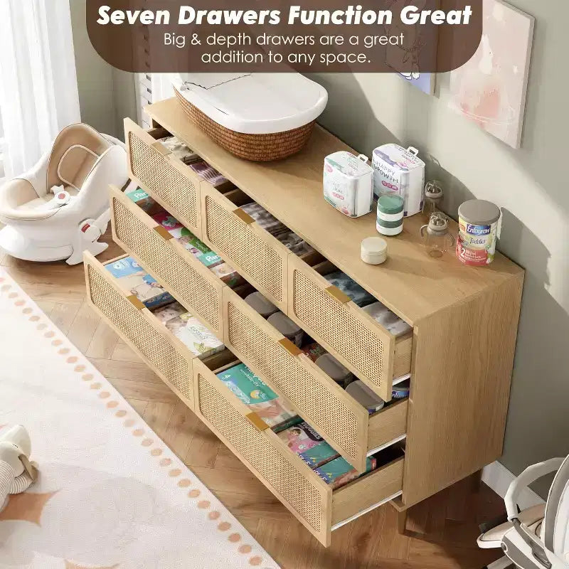 7-Drawer Rattan Dresser - Tall Wooden Chest with Deep Drawers & Wide Top for Bedroom, Living Room, Hallway or Closet