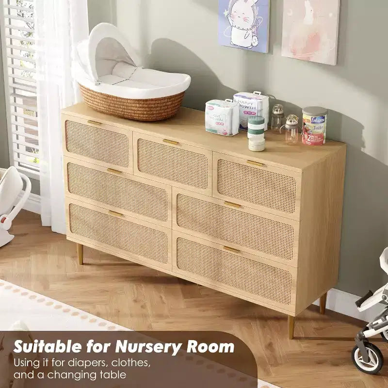 7-Drawer Rattan Dresser - Tall Wooden Chest with Deep Drawers & Wide Top for Bedroom, Living Room, Hallway or Closet