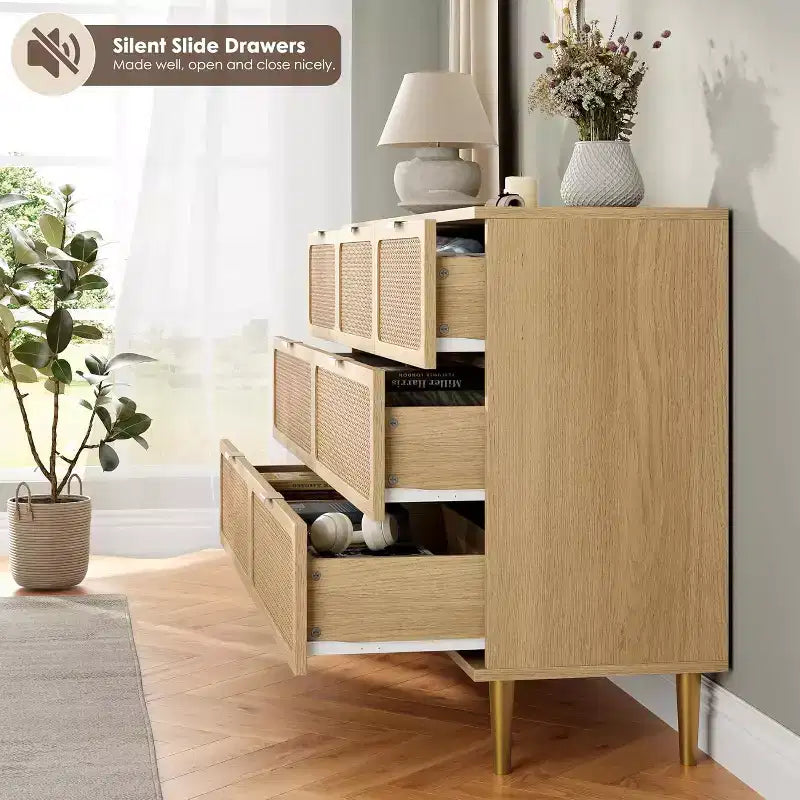 7-Drawer Rattan Dresser - Tall Wooden Chest with Deep Drawers & Wide Top for Bedroom, Living Room, Hallway or Closet