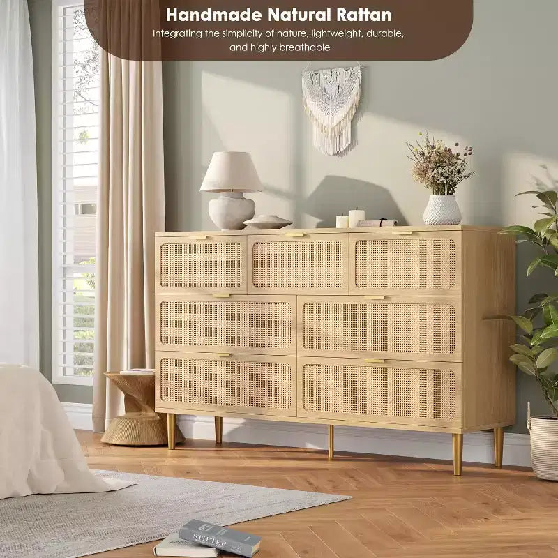 7-Drawer Rattan Dresser - Tall Wooden Chest with Deep Drawers & Wide Top for Bedroom, Living Room, Hallway or Closet