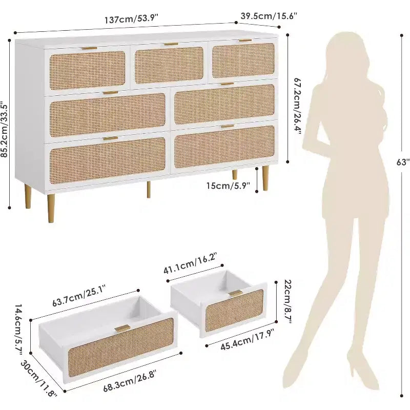 7-Drawer Rattan Dresser - Tall Wooden Chest with Deep Drawers & Wide Top for Bedroom, Living Room, Hallway or Closet