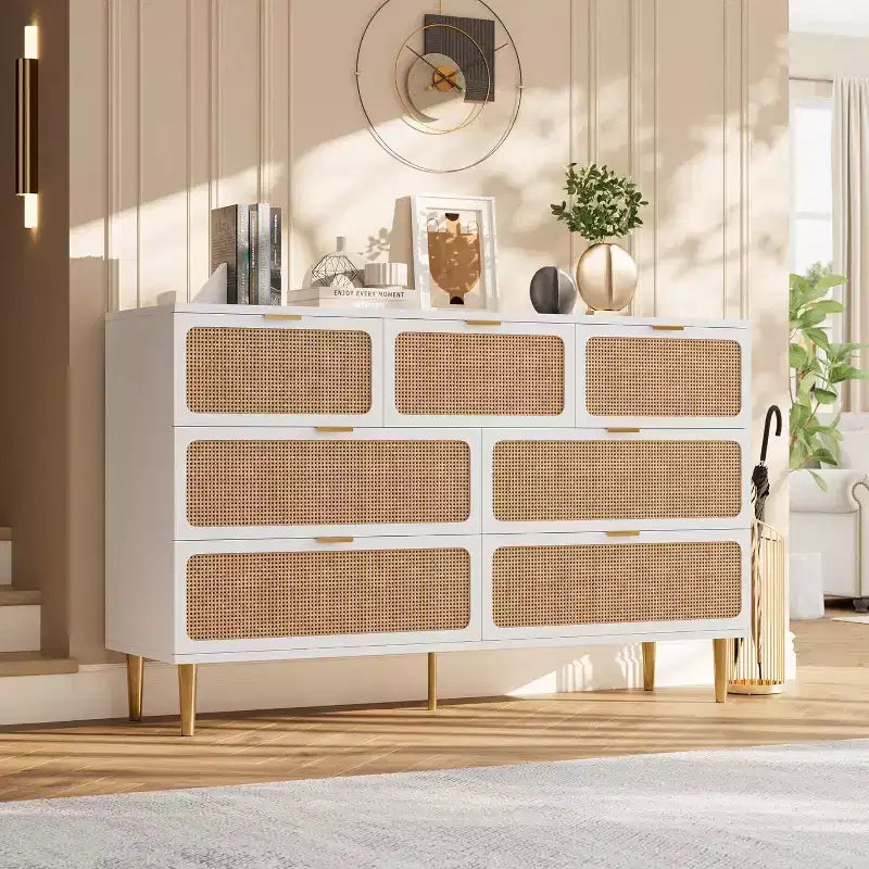 7-Drawer Rattan Dresser - Tall Wooden Chest with Deep Drawers & Wide Top for Bedroom, Living Room, Hallway or Closet
