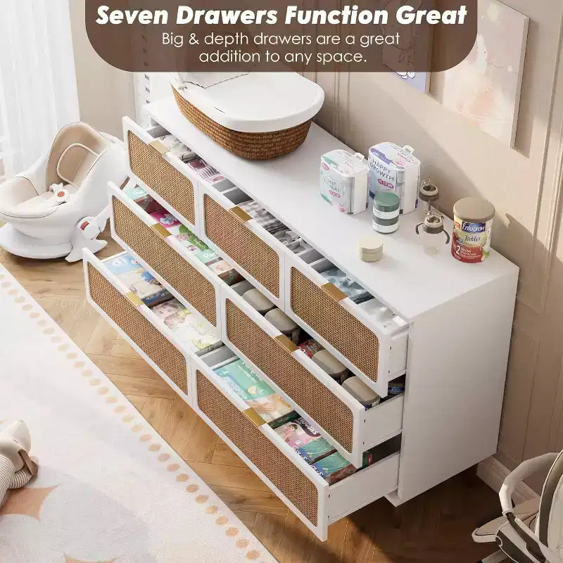 7-Drawer Rattan Dresser - Tall Wooden Chest with Deep Drawers & Wide Top for Bedroom, Living Room, Hallway or Closet