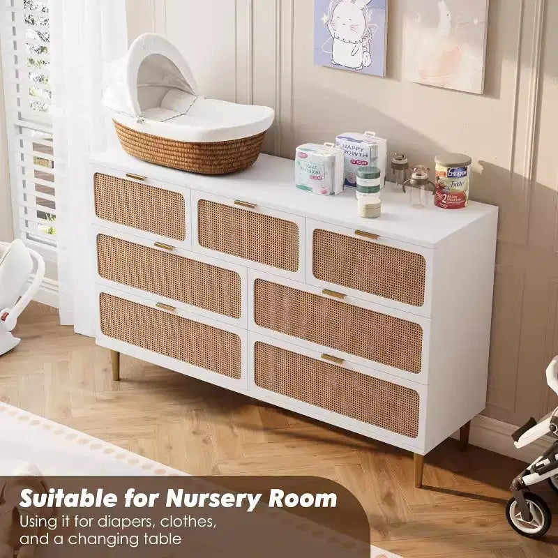 7-Drawer Rattan Dresser - Tall Wooden Chest with Deep Drawers & Wide Top for Bedroom, Living Room, Hallway or Closet