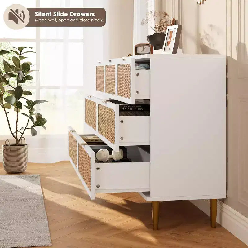 7-Drawer Rattan Dresser - Tall Wooden Chest with Deep Drawers & Wide Top for Bedroom, Living Room, Hallway or Closet