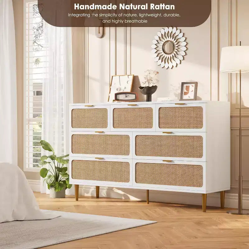 7-Drawer Rattan Dresser - Tall Wooden Chest with Deep Drawers & Wide Top for Bedroom, Living Room, Hallway or Closet
