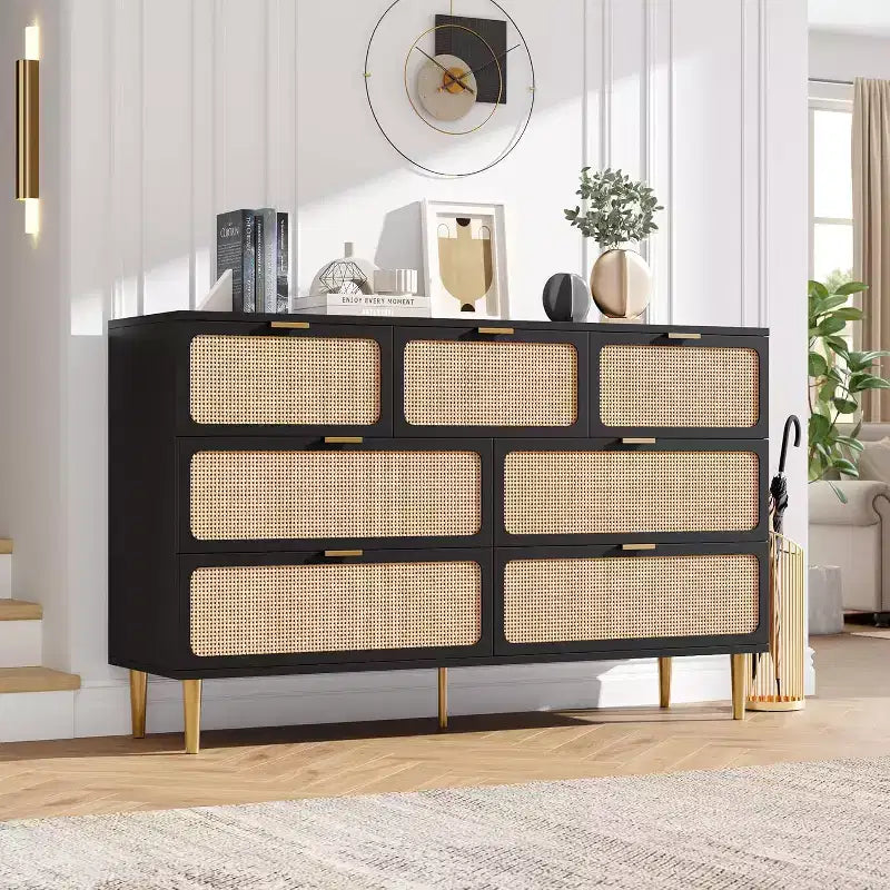 7-Drawer Rattan Dresser - Tall Wooden Chest with Deep Drawers & Wide Top for Bedroom, Living Room, Hallway or Closet