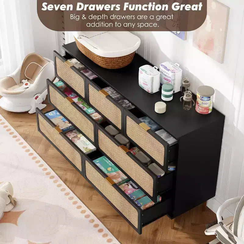 7-Drawer Rattan Dresser - Tall Wooden Chest with Deep Drawers & Wide Top for Bedroom, Living Room, Hallway or Closet