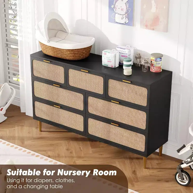 7-Drawer Rattan Dresser - Tall Wooden Chest with Deep Drawers & Wide Top for Bedroom, Living Room, Hallway or Closet