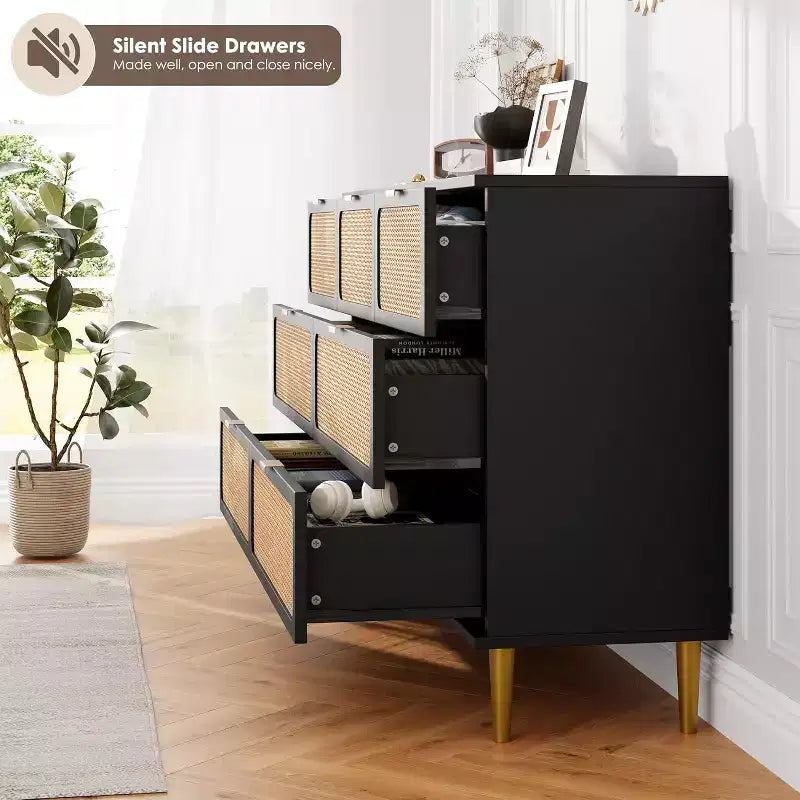 7-Drawer Rattan Dresser - Tall Wooden Chest with Deep Drawers & Wide Top for Bedroom, Living Room, Hallway or Closet