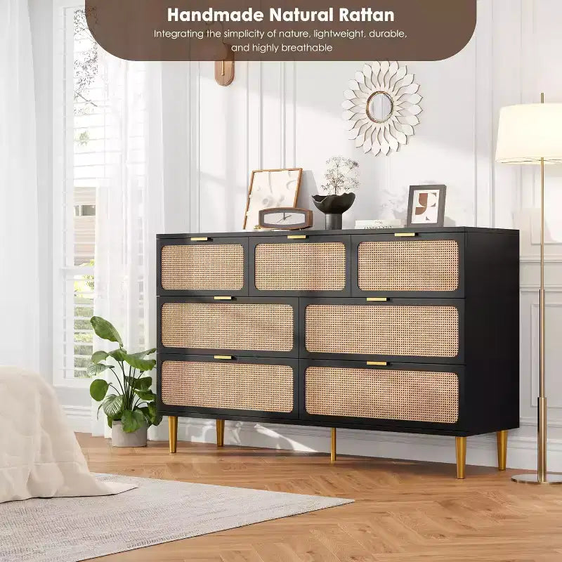 7-Drawer Rattan Dresser - Tall Wooden Chest with Deep Drawers & Wide Top for Bedroom, Living Room, Hallway or Closet