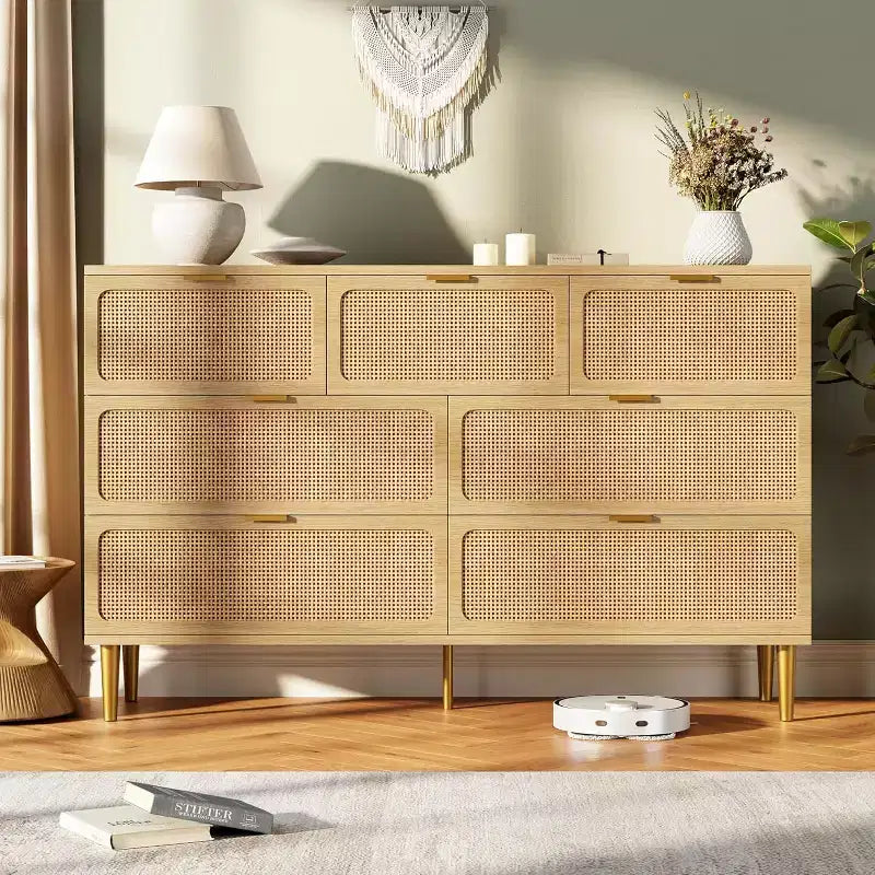 7-Drawer Rattan Dresser - Tall Wooden Chest with Deep Drawers & Wide Top for Bedroom, Living Room, Hallway or Closet