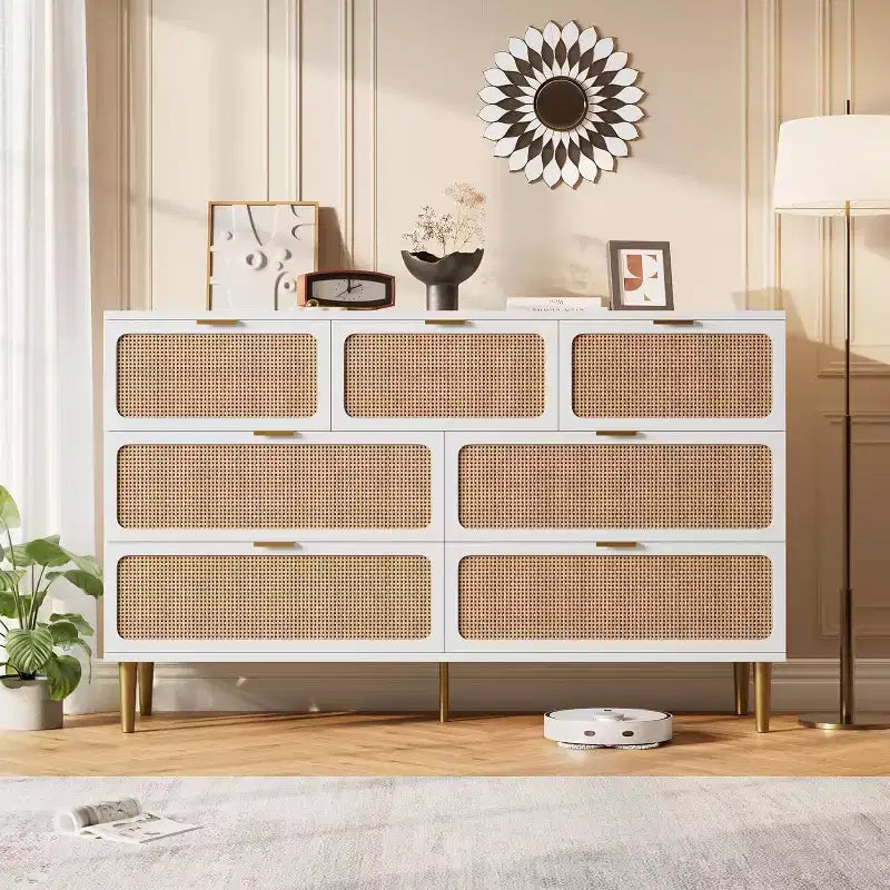 7-Drawer Rattan Dresser - Tall Wooden Chest with Deep Drawers & Wide Top for Bedroom, Living Room, Hallway or Closet