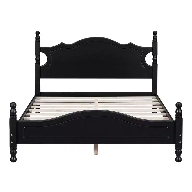 Full/Queen Size Wood House Bed, Easy Assembly, Platform Bed, No Box Spring Needed, Wooden Slat Mattress Foundation, Black_Full Size