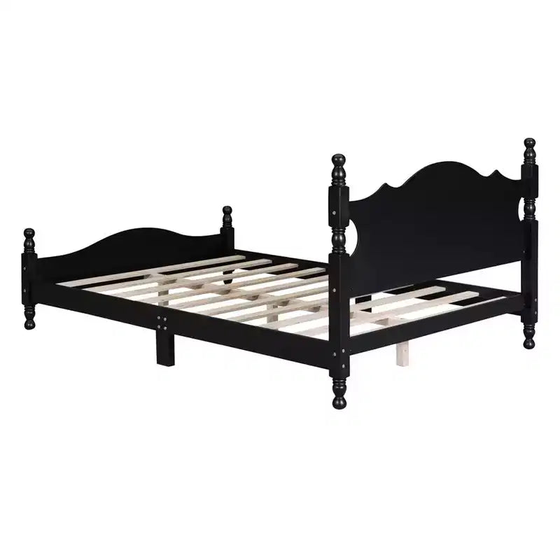 Full/Queen Size Wood House Bed, Easy Assembly, Platform Bed, No Box Spring Needed, Wooden Slat Mattress Foundation, Black_Full Size