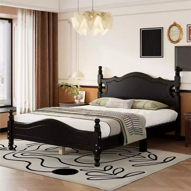 Full/Queen Size Wood House Bed, Easy Assembly, Platform Bed, No Box Spring Needed, Wooden Slat Mattress Foundation, Black_Full Size