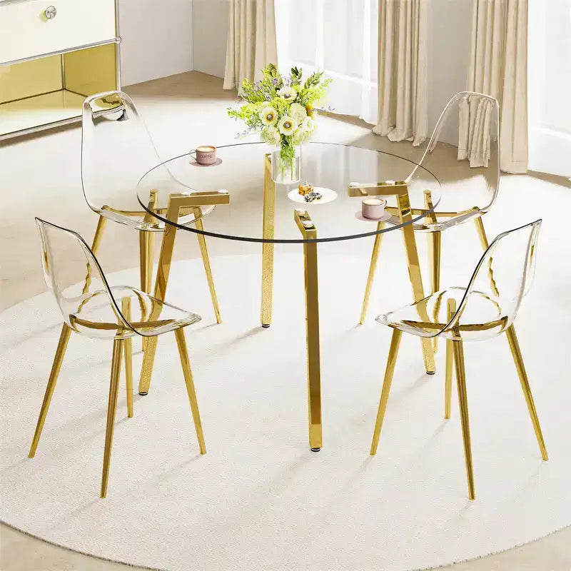 Coffee Table, Modern Minimalist Style Circular Transparent Tempered Glass Table, Tempered Glass Tabletop, Metal Table Legs, Golden
