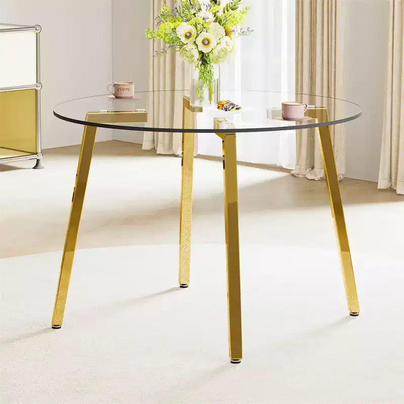 Coffee Table, Modern Minimalist Style Circular Transparent Tempered Glass Table, Tempered Glass Tabletop, Metal Table Legs, Golden