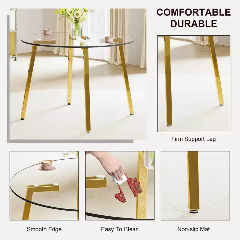 Coffee Table, Modern Minimalist Style Circular Transparent Tempered Glass Table, Tempered Glass Tabletop, Metal Table Legs, Golden