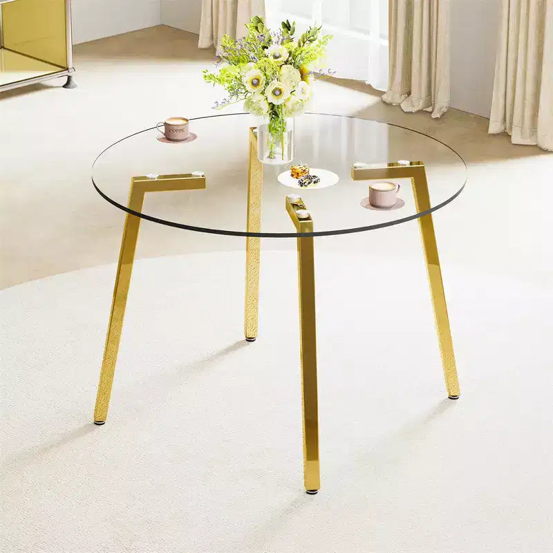Coffee Table, Modern Minimalist Style Circular Transparent Tempered Glass Table, Tempered Glass Tabletop, Metal Table Legs, Golden