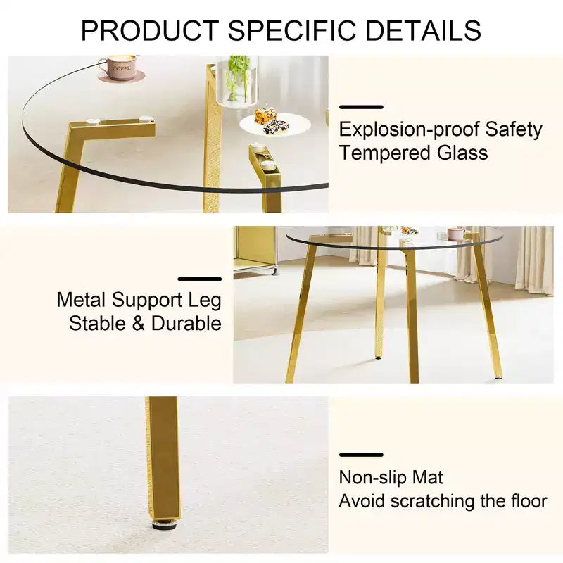 Coffee Table, Modern Minimalist Style Circular Transparent Tempered Glass Table, Tempered Glass Tabletop, Metal Table Legs, Golden