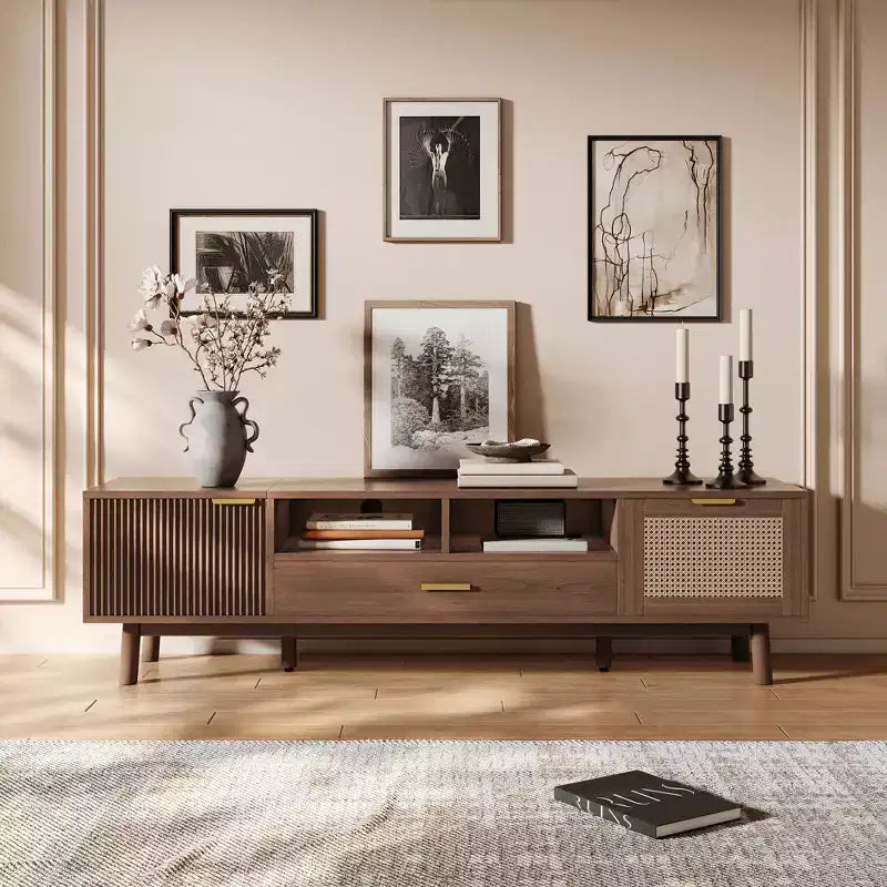 67 Inch Brown Wood TV Stand for 75 Inches TVs TV Cabinet with Soft-Closing Door and Drop-Down Door Cabinet for Living Room Bedroom