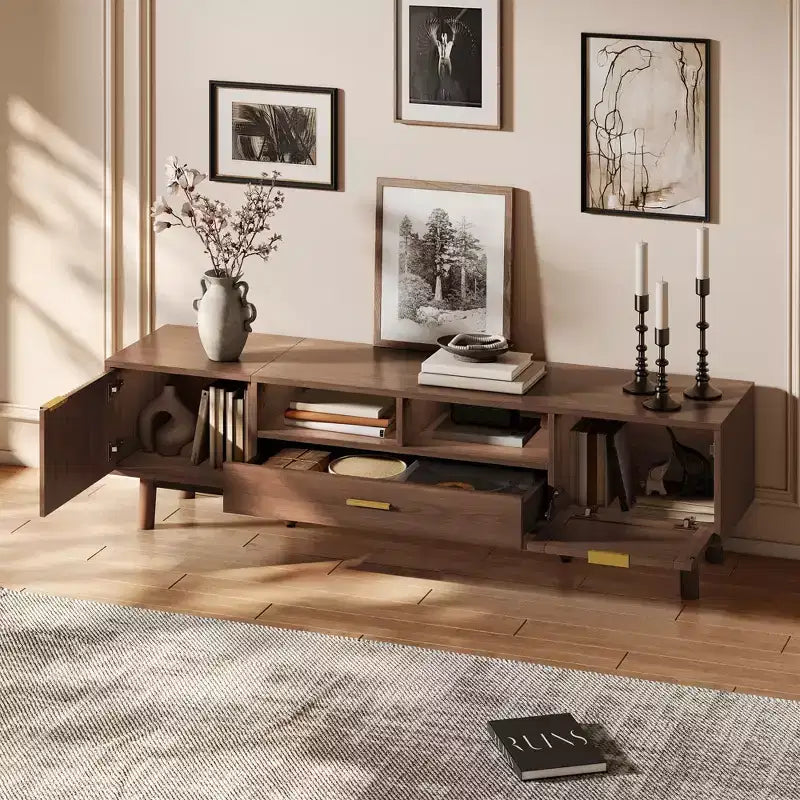 67 Inch Brown Wood TV Stand for 75 Inches TVs TV Cabinet with Soft-Closing Door and Drop-Down Door Cabinet for Living Room Bedroom