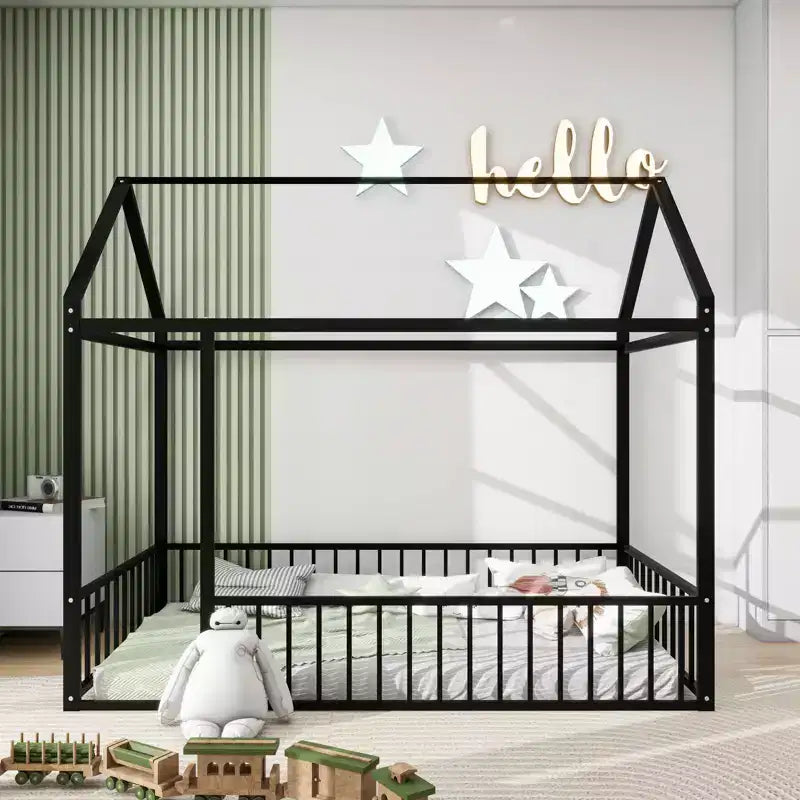 Full Size Metal House Bed Frame, Fence, Kids Teens Bedroom, Pink