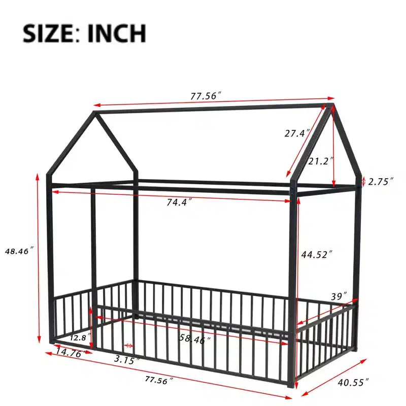 Full Size Metal House Bed Frame, Fence, Kids Teens Bedroom, Pink