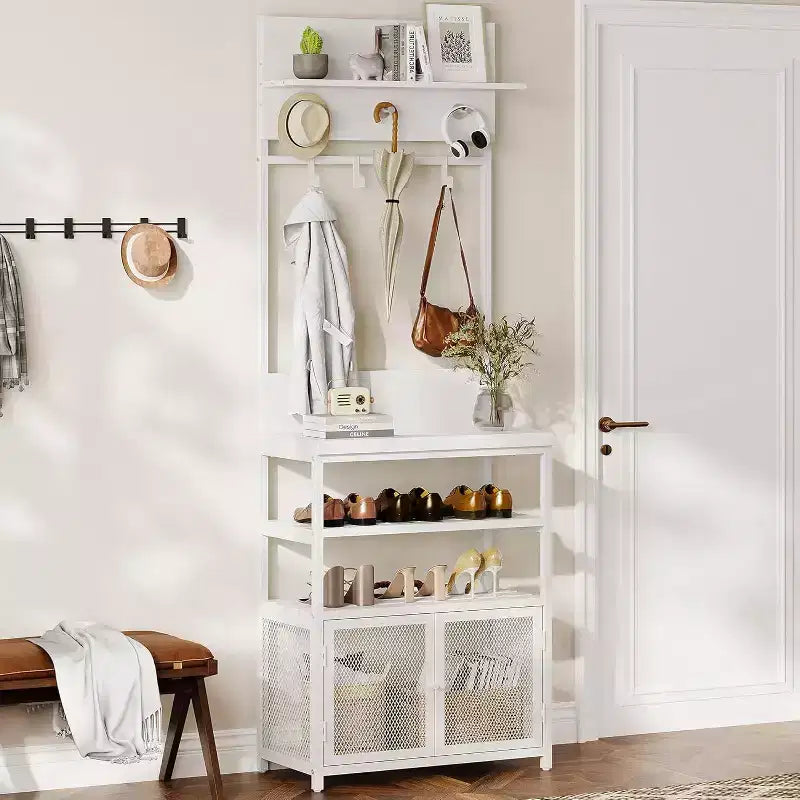 Hall Tree Coat Rack, 185cm White Narrow Entryway Organizer 7 Hooks 3-Tier Shoe Shelf Metal Frame MDF Cabinet for Mudroom/Bedroom/Hallway
