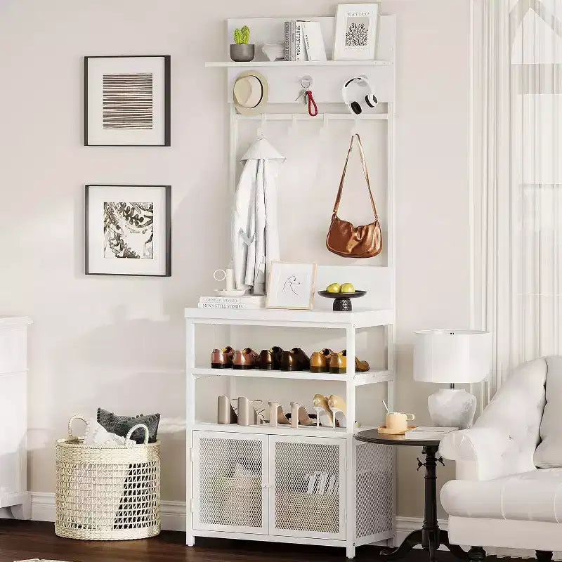 Hall Tree Coat Rack, 185cm White Narrow Entryway Organizer 7 Hooks 3-Tier Shoe Shelf Metal Frame MDF Cabinet for Mudroom/Bedroom/Hallway
