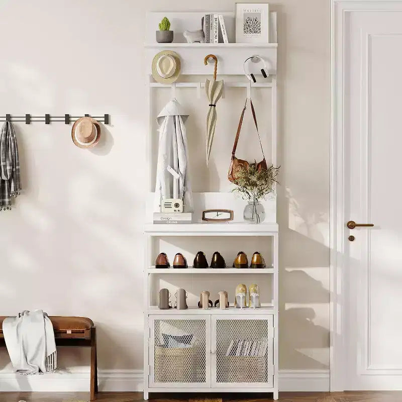 Hall Tree Coat Rack, 185cm White Narrow Entryway Organizer 7 Hooks 3-Tier Shoe Shelf Metal Frame MDF Cabinet for Mudroom/Bedroom/Hallway