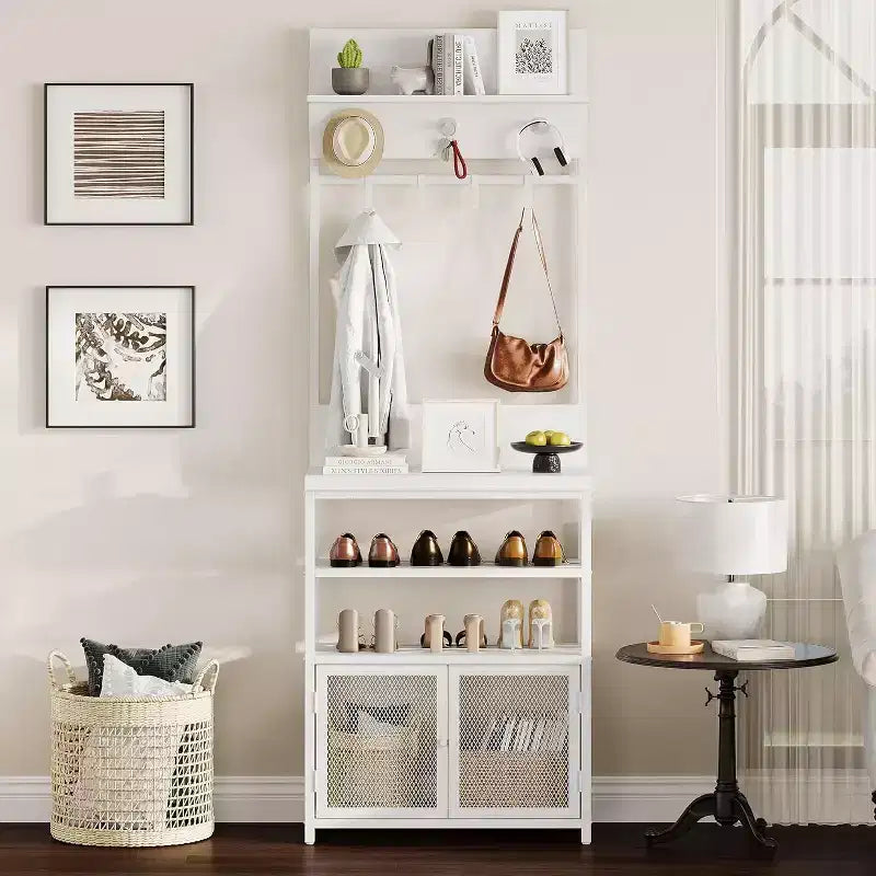 Hall Tree Coat Rack, 185cm White Narrow Entryway Organizer 7 Hooks 3-Tier Shoe Shelf Metal Frame MDF Cabinet for Mudroom/Bedroom/Hallway