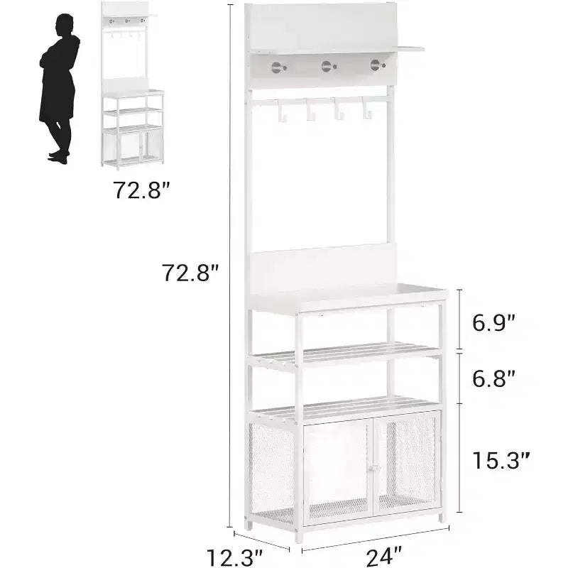 Hall Tree Coat Rack, 185cm White Narrow Entryway Organizer 7 Hooks 3-Tier Shoe Shelf Metal Frame MDF Cabinet for Mudroom/Bedroom/Hallway