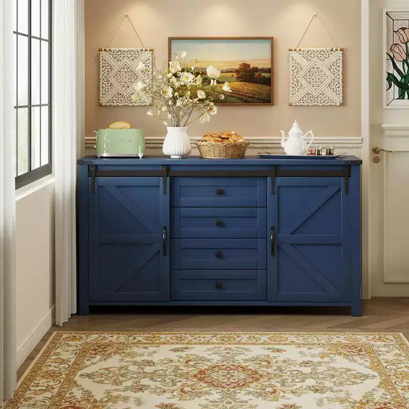 Merax Modern Farmhouse Sideboard Buffet with Sliding Barn Doors, 4 Drawers, Built-in Power Outlet