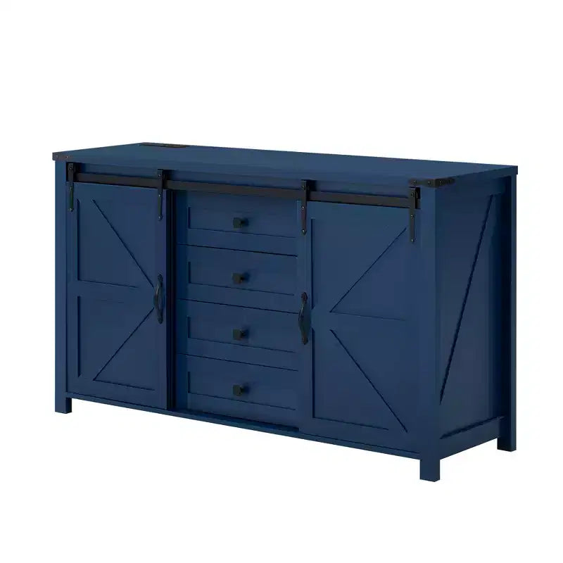 Merax Modern Farmhouse Sideboard Buffet with Sliding Barn Doors, 4 Drawers, Built-in Power Outlet