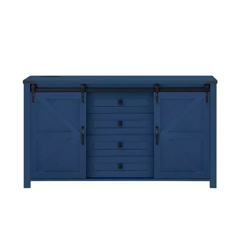 Merax Modern Farmhouse Sideboard Buffet with Sliding Barn Doors, 4 Drawers, Built-in Power Outlet