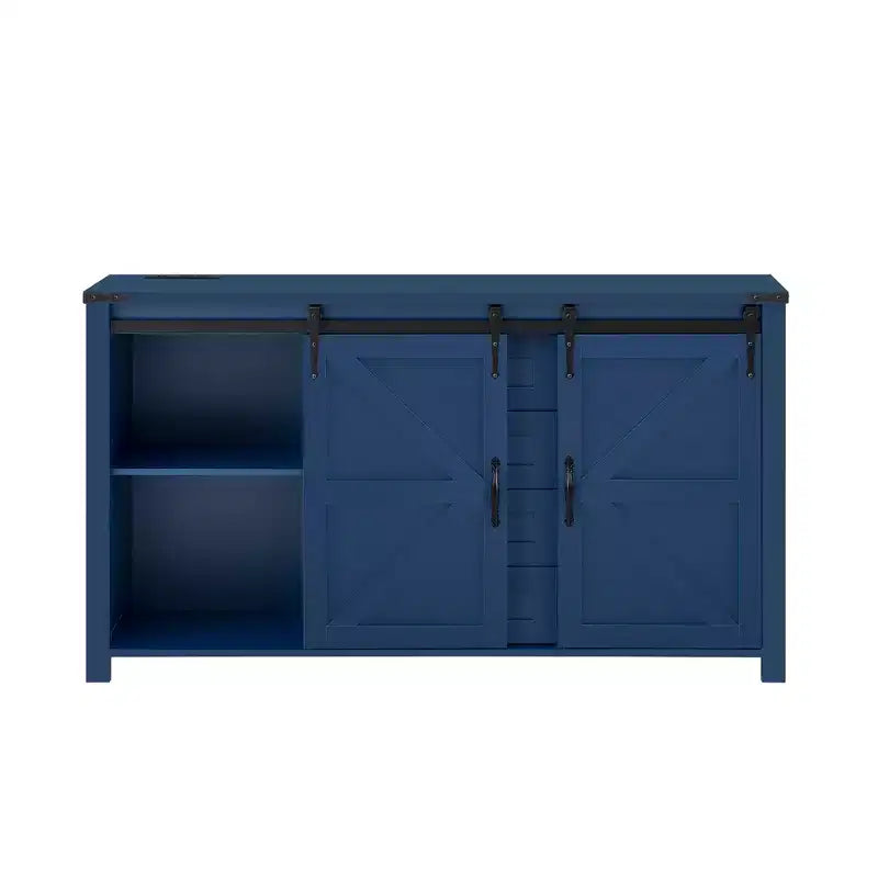 Merax Modern Farmhouse Sideboard Buffet with Sliding Barn Doors, 4 Drawers, Built-in Power Outlet