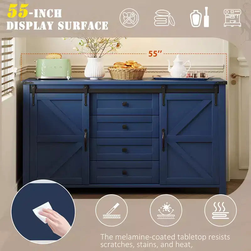 Merax Modern Farmhouse Sideboard Buffet with Sliding Barn Doors, 4 Drawers, Built-in Power Outlet