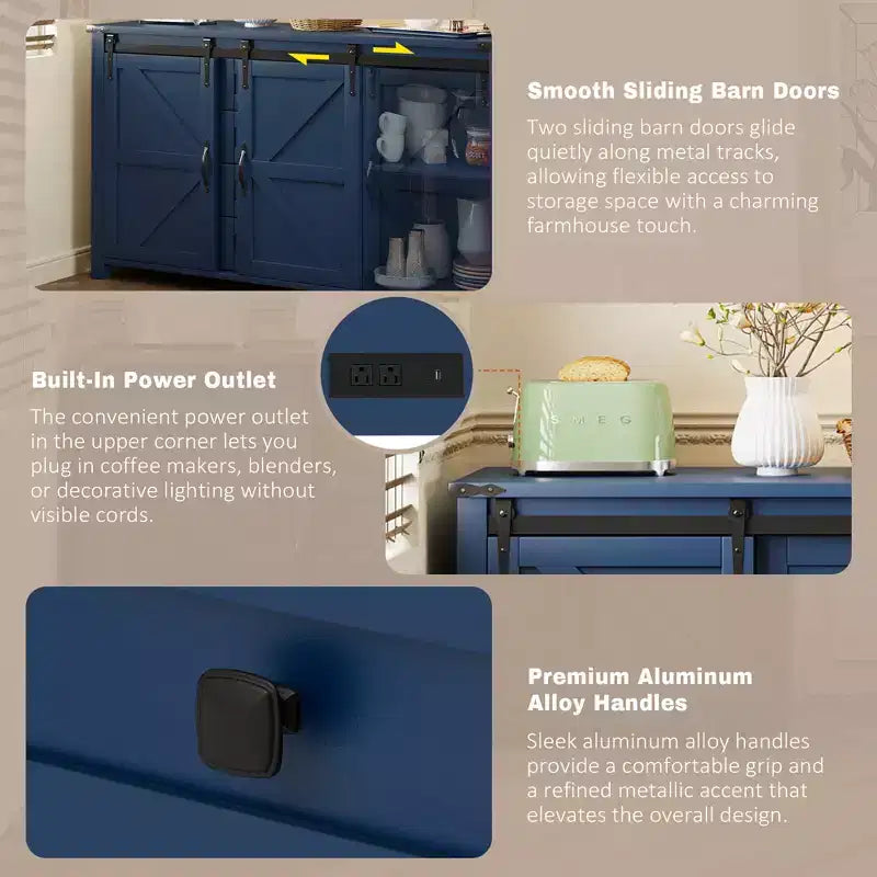 Merax Modern Farmhouse Sideboard Buffet with Sliding Barn Doors, 4 Drawers, Built-in Power Outlet