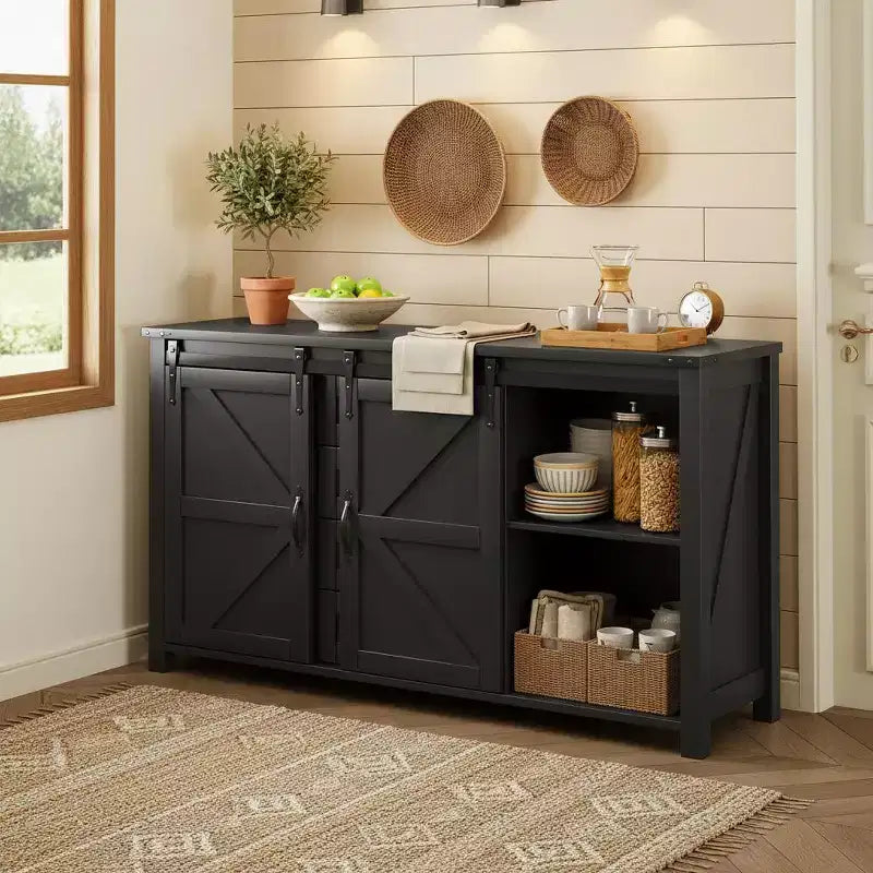 Merax Modern Farmhouse Sideboard Buffet with Sliding Barn Doors, 4 Drawers, Built-in Power Outlet