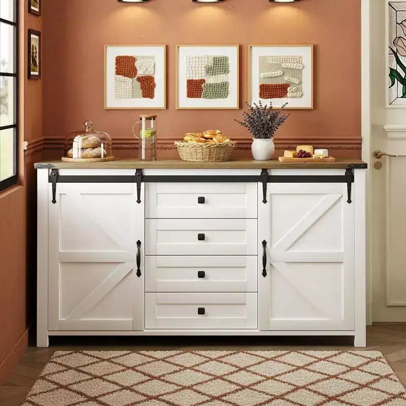 Merax Modern Farmhouse Sideboard Buffet with Sliding Barn Doors, 4 Drawers, Built-in Power Outlet