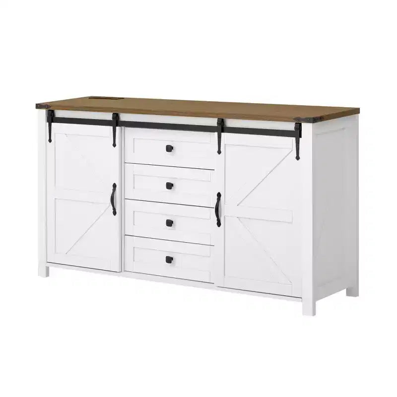 Merax Modern Farmhouse Sideboard Buffet with Sliding Barn Doors, 4 Drawers, Built-in Power Outlet