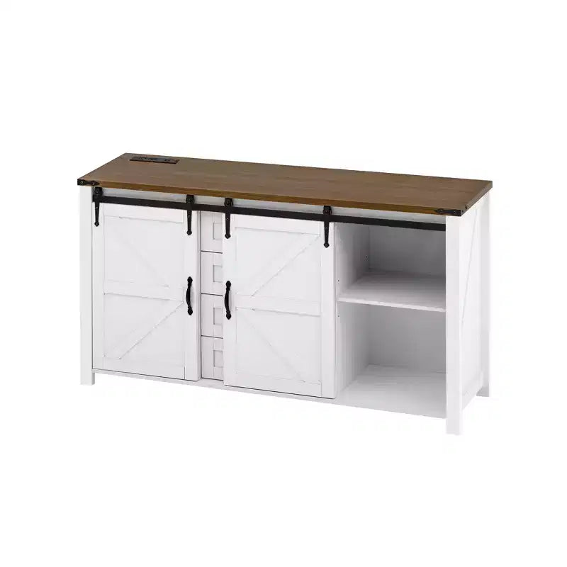 Merax Modern Farmhouse Sideboard Buffet with Sliding Barn Doors, 4 Drawers, Built-in Power Outlet