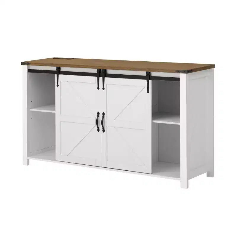 Merax Modern Farmhouse Sideboard Buffet with Sliding Barn Doors, 4 Drawers, Built-in Power Outlet